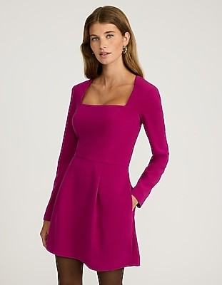 Square Neck Long Sleeve Fit and Flare Mini Dress with Pockets