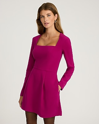 Square Neck Long Sleeve Fit and Flare Mini Dress with Pockets