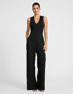 Signature Ponte V-Neck Cross Back Wide Leg Jumpsuit with Pockets