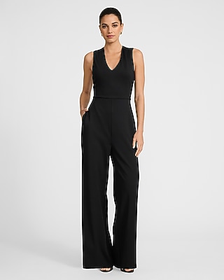 Signature Ponte V-Neck Cross Back Wide Leg Jumpsuit with Pockets