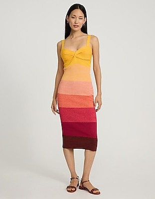 Ombre Color Block Sweetheart Twist Front Midi Sweater Dress