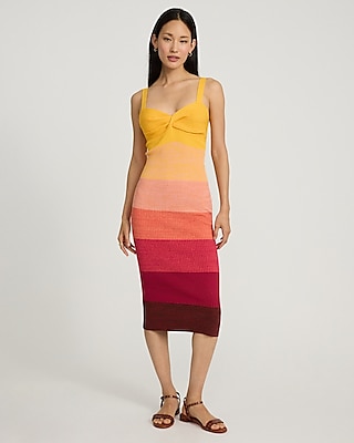 Ombre Color Block Sweetheart Twist Front Midi Sweater Dress