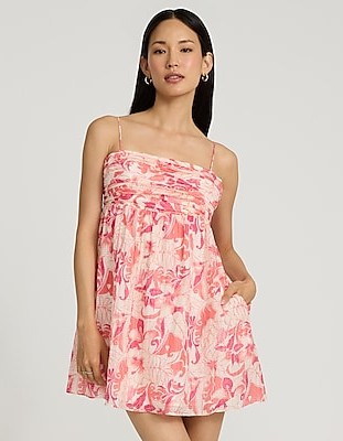 Floral Textured Square Neck Sleeveless Mini Fit and Flare Dress with Pockets