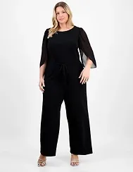 Connected Plus Bell-Sleeve Tassel-Belt Jumpsuit