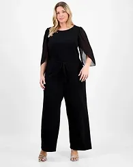 Connected Plus Bell-Sleeve Tassel-Belt Jumpsuit