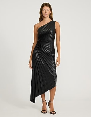 Faux Leather One Shoulder Pleated Cutout Asymmetrical Midi Dress