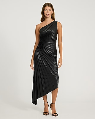 Faux Leather One Shoulder Pleated Cutout Asymmetrical Midi Dress