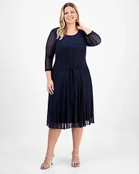 Connected Plus Mesh Long-Sleeve Round-Neck Dress