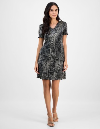 Connected Petite Printed Tiered Short-Sleeve Sheath Dress