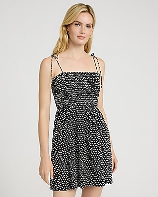 Poplin Polka Dot Tie Strap Smocked Fit and Flare Dress