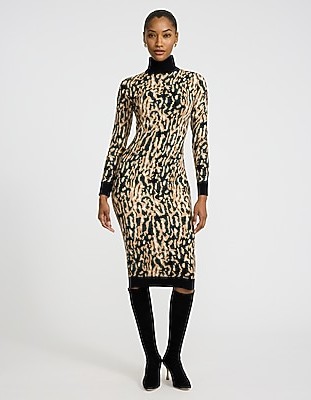 Leopard Turtleneck Long Sleeve Midi Sweater Dress