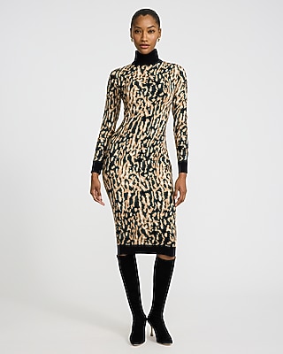 Leopard Turtleneck Long Sleeve Midi Sweater Dress
