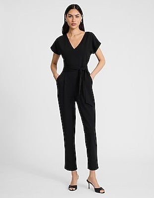 V-Neck Tie Waist Straight Leg Jumpsuit with Pockets