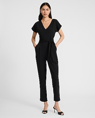 V-Neck Tie Waist Straight Leg Jumpsuit with Pockets