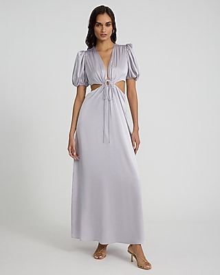 Satin V-Neck Puff Sleeve Tie Front Cutout Maxi Dress