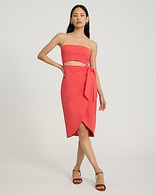 Strapless Cutout Tie Wrap Midi Sheath Dress