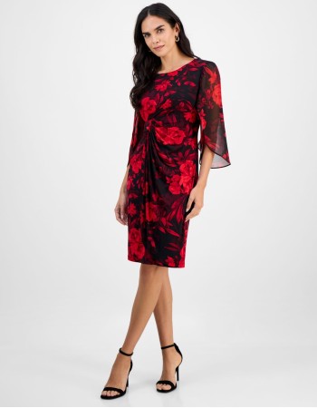 Connected Petite Printed Cape-Sleeve Sheath Dress