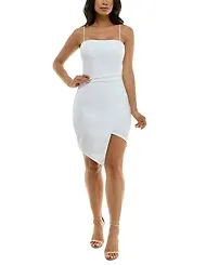 Emerald Sundae Juniors' Rhinestone-Strap Asymmetrical-Hem Bodycon Dress