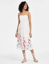 Juniors' Scalloped-Neck Placed Floral Midi Dress