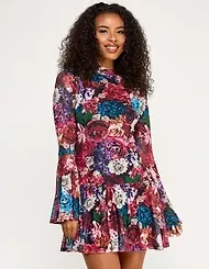 Seni & Cade Juniors' Long Sleeve Printed Mesh Drop Waist Dress