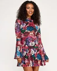 Seni & Cade Juniors' Long Sleeve Printed Mesh Drop Waist Dress