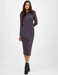 Bar Iii Women's Mock Neck Printed Mesh Midi Dress