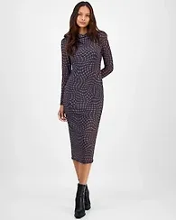 Bar Iii Women's Mock Neck Printed Mesh Midi Dress
