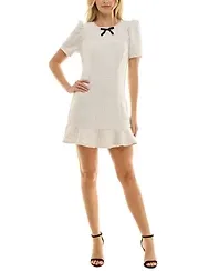 Crystal Doll Juniors' Puff-Sleeve Ruffle Hem A-Line Tweed Dress