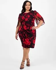 Connected Plus Printed Cape-Sleeve Sheath Dress