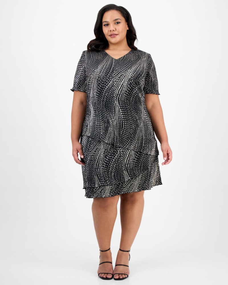 Connected Plus Printed Tiered Short-Sleeve Sheath Dress